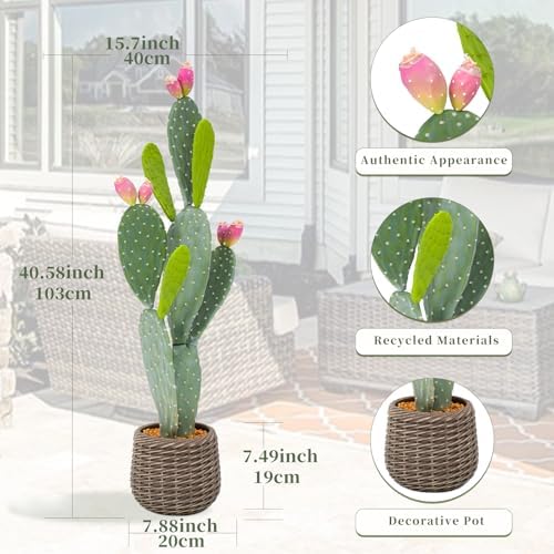 Artificial Cactus Plant Outdoor, 41” Tall UV-Resistant Fake Cacti Plants with Realistic Pads & Vibrant Fruits in Brown Pot, Faux Floor Plant for Indoor Home Living Room Foyer Porch Balcony - Image 3