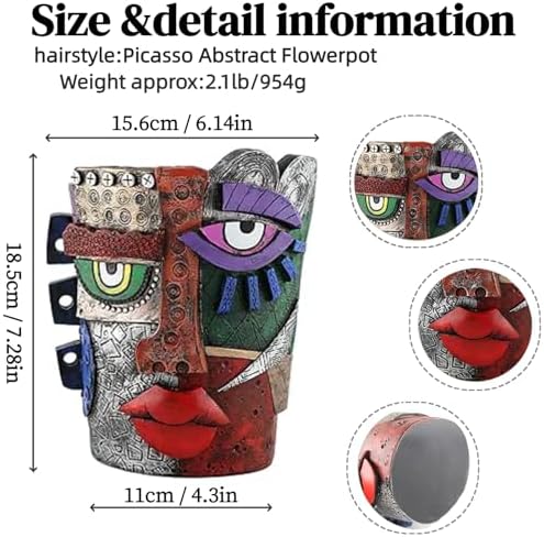 Picasso Abstract Face Flower Pot,Unique Resin Crafted Planter with Drainage Holes,Interesting Colorful Planter with Human face,for Indoor and Outdoor Botanical Home décor (Serious) - Image 2