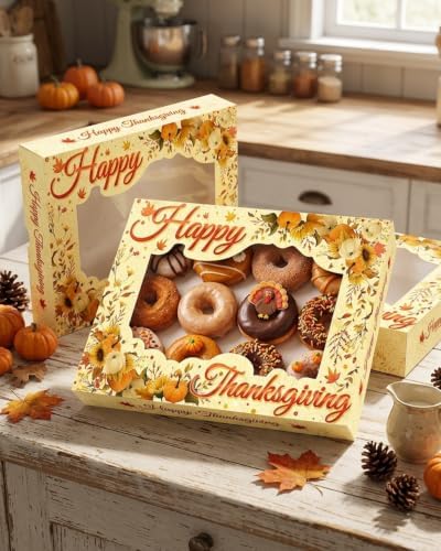 qiqee Thanksgiving 14x10x2.5 inch Auto-pop Up 24Pcs Cookie Box with Window Thanksgiving Pumkin Flower Pastry Macaron Bakery Box For Thanksgiving Day - Image 6