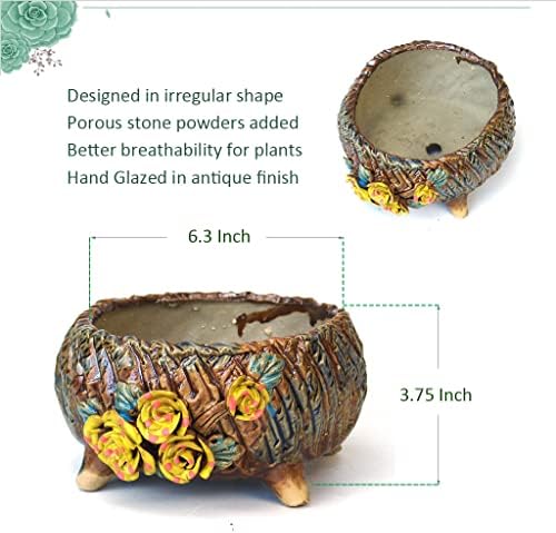 6.3 Inch Succulent Pot Handmade Flower Design Round Ceramic Antique Plant Pot Cactus Pot Planter with Drainge and Mesh Pad (Yellow) - Image 7