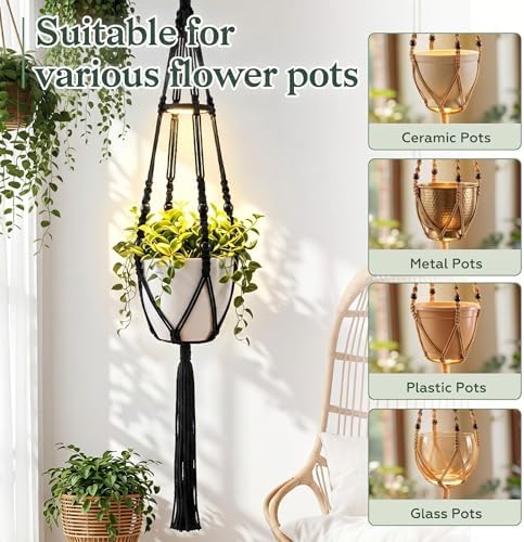 Huquary 3 Pack Macrame Hanging Plant Hanger with Grow Light,Black - Image 5