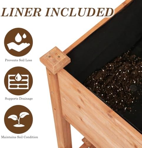 Raised Garden Bed with Lockable Wheels, 40x24x32 inch Elevated Wood Planter with Storage Shelf Protective Liner for Vegetable Flower Herb Outdoor Balcony Patio Backyard, Brown - Image 5