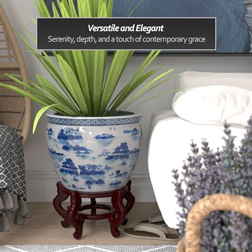 Red Lantern 16" Landscape Blue & White Porcelain Fishbowl Planter or Cachepot for Indoor/Outdoor Use in Garden Entryway Living Room Boho Eclectic Modern Contemporary Classic Traditional Style Decor - Image 3