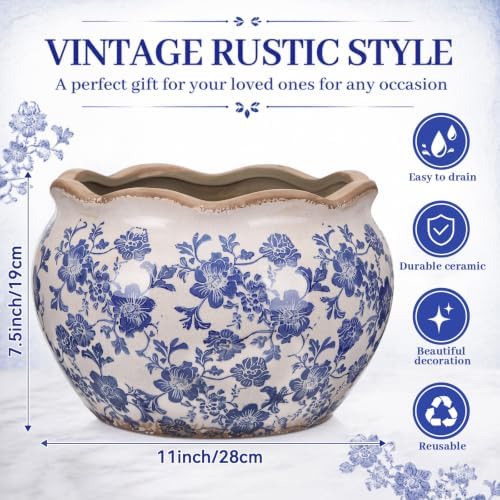 Geetery Ceramic Planter Pot Large 11 Inch Round Plant Pot with Drainage Hole Crackle Glaze Vintage Farmhouse Planter Flower Vase for Indoor Outdoor Home Kitchen Garden Decor (Chinoiserie, Blue, Large) - Image 2