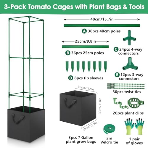 3 Pack Tomato Cage for Garden, Upgraded Fiberglass Garden Trellis with 3 PCS Grow Bags, Square Tomato Planter Support Garden Cages for Cucumber Vegetables Vertical Climbing Plants - Image 3