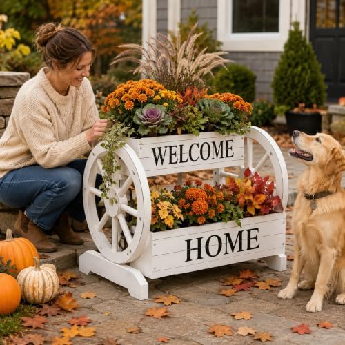 24" White 2-Tier Wooden Flower Cart Wagon Planter with Wheels - Image 2