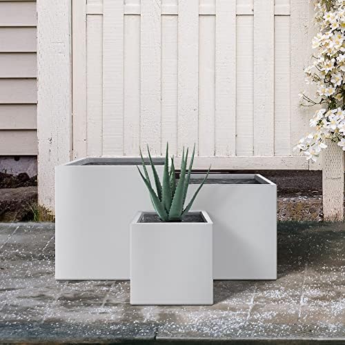 Kante 16",12",10" Square Concrete Planters Set of 3 for Outdoor Indoor Home Patio Garden, Large Plant Pot with Drainage Hole and Rubber Plug, Pure White - Image 3