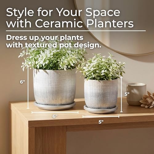 Textured Ceramic Flower Pots with Saucer for Home Decor - Modern Planters and Pots for Garden Plants- Elegant Planters for Indoor Plants and Outdoor Use - Set of 2, 6", 5", Silver & Metallic - Image 2