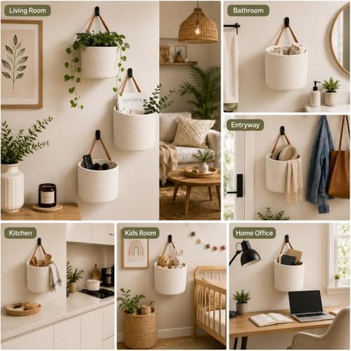 Honeydak 3 Hanging Baskets, White, Cylinder, Cotton Rope - Image 6