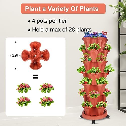GameXcel Vertical Planter Tower - 7 Tier Stackable Garden Planters with Wheels and Garden Tool Set Plant Pots for Strawberry Herb Flower and Vegetable Indoor Outdoor Use Red - Image 6