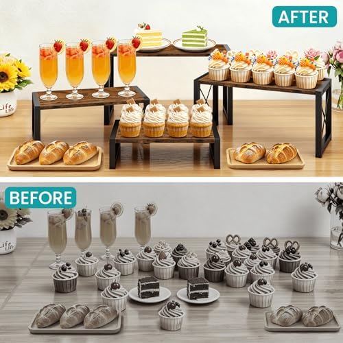 ELITEROO Wood Risers Display Stands Set of 4, Wooden 4 Tier Cupcake Stand, Tiered Riser for Vendors, Decorative Display Risers for Food Desserts Buffet Table at Party Wedding, Rustic Brown - Image 4