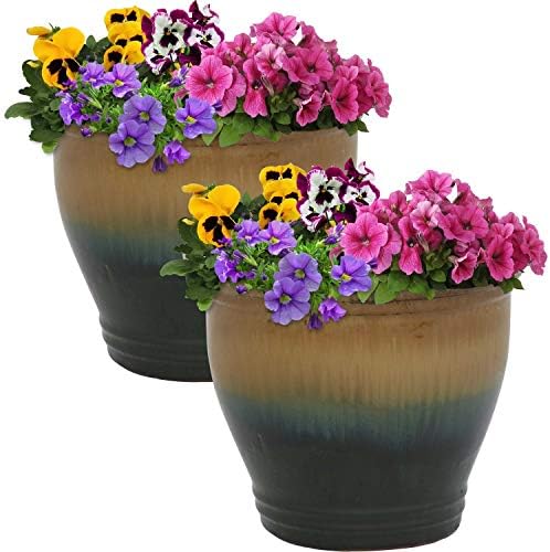 Sunnydaze Studio 11" Round Ceramic Planter, Forest Lake Green Glaze, 2pk by SunnydazeDecor