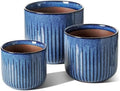 LE TAUCI Ceramic Plant Pots, 8.3/7/6 Inch Indoor Planters with Drainage Holes & Mesh, Modern Glossy Glaze Cylinder Fluted Flower Pot for Snake Plant, Set of 3, Harbor Blue by LETAUCI