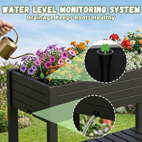 Vixzen Raised Garden Bed Planter Box Elevated Resin Outdoor Plant Stand with Wheels Drainage Water Gauge Storage Shelf Legs Gardening Patio(Black) - Image 2
