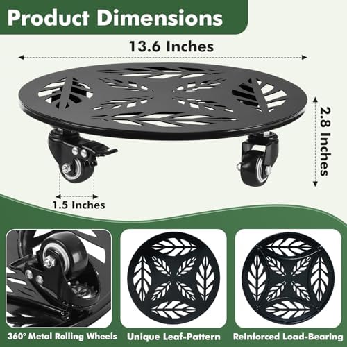 Planterhoma 2 Packs 14 Inch Rolling Plant Stand with Wheels Metal Plant Caddy with Wheels Heavy Duty Plant Rollers with Metal Wheels Round Wrought Iron Plant Stand with Clear Saucers, Glossy Black - Image 4