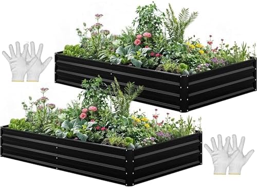 YITAHOME 96x48x12 in 2pcs Galvanized Raised Garden Bed Kit, Large Metal Planter Box with Gloves, Safety Rubber & Support Rod, Outdoor Flower Bed for Plants Vegetables, Black by YITAHOME