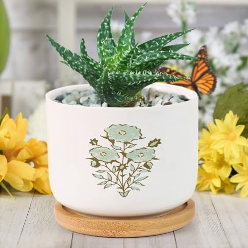 Mughal Flower Ceramic Planter Green Flower Pots for Plants with Drainage Holes and Saucers Pot for Home Desktop Office Windowsill - Image 6