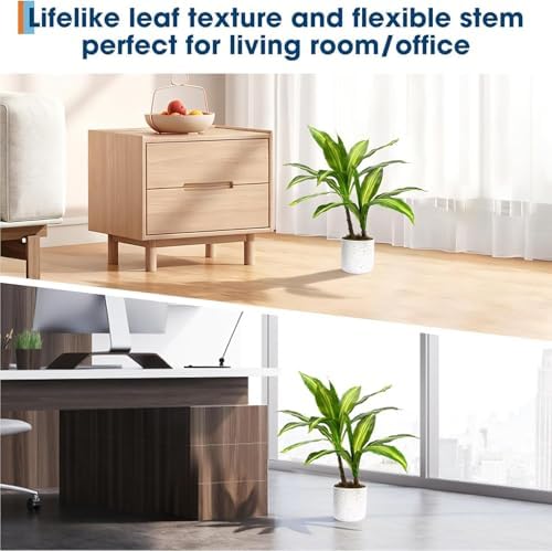 Dracaena & Fiddle Leaf Fig Artificial Plant Set – Realistic Faux Greenery in White Pot, Decorative Fake Potted Plants for Modern Home & Office, 40cm, Set of 2 – Specs: Two-pronged Yellow - Image 5