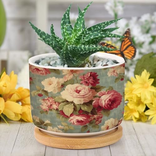 Watercolor Pink Roses Planter Ceramic Romantic Flower Round Flower Pot with Drainage Holes and Bamboo Tray Pot for Pots Outdoor Indoor Plants - Image 6
