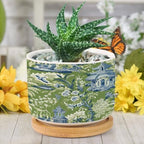 Garden Green Chinoiserie Planter Ceramic Asian Peacock Floral Round Flower Pot with Drainage Holes and Bamboo Tray Pot for Succulents Cactus Garden Windowsill - Image 6