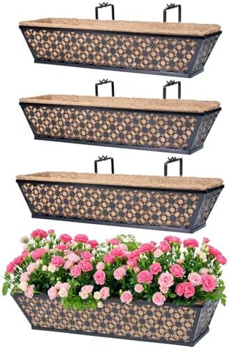 hehimhis Window Planter Box with Adjustable Bracket and Coco Liner for Porch, 24 Inch 4 Pack Balcony Planters Railing Hanging,Fence, Patio Hanging Planters for Garden Outdoor by Hehimhishome