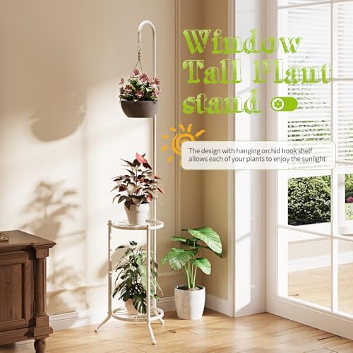 BMOSU Plant Stand with Hooks Indoor Outdoor Corner Tall Plant Stand Heavy-Duty Metal 3-Tier Plant Shelf Holder Rack for Patio Garden Balcony Living Room Bedroom(semicircular White) - Image 5