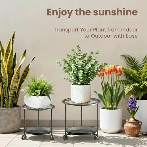 TOSKING 2-Pack Black Round Rolling Plant Caddies with Water Tray – Metal Stands with Wheels, Elegant Floral Pattern, for Indoor Planters (14" & 12") - Image 4