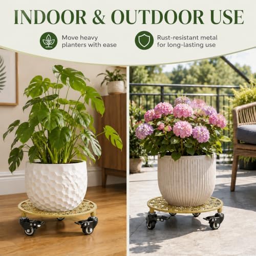 2 Pack 11" Heavy Duty Round Metal Plant Caddy with Wheels, Gold - Image 5