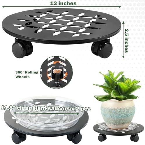 2 Packs 13" Large Metal Plant Caddy with Wheels Heavy-Duty Plant Dolly Pot Mover Rollers Rolling Wheeled Plant Stands Indoor Outdoor Garden Coaster Trolley, Black - Image 3