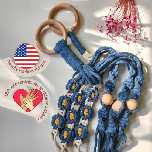 Set of 2 Macrame plant hanger with Daisies & Beads | Hanging plant holder Macrame Plant hangers outdoor and indoor hanging planters Plant stand indoor Boho Decor hanging planter stand (Peacock Blue) - Image 2