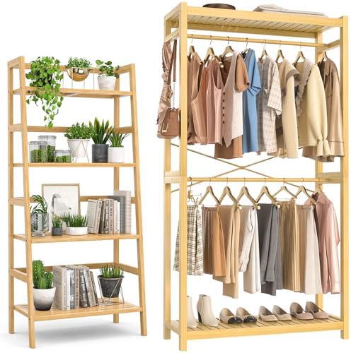 Homykic Bamboo Ladder Shelf and Closet System Bundle, Natural by Homykic