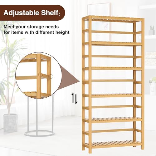VASMIA 6-Tier Bamboo Shelf,Bamboo Storage Shelving Unit,Tall Bookcase with Adjustable Shelves,Multipurpose Storage Display Shelf for Bathroom, Living Room, Balcony, Kitchen,Natural - Image 7