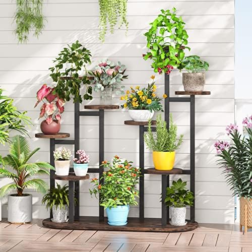 LITTLE TREE Multi-Tiered 11 Potted Plant Stand Indoor Tall Plant Shelf Flower Stands Plant Rack for Garden Balcony Living Room, Rustic Brown - Image 3