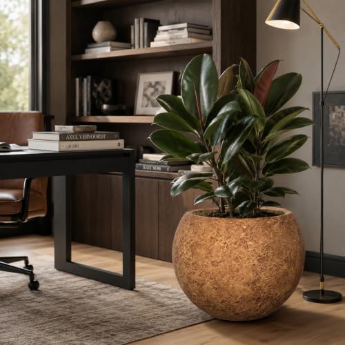 17" H x 21"Dia Brown Fiberstone Planter Pot with Drainage Hole, Large Round Handcrafted Decorative Flower Pot for Indoor Outdoor Plants, Rustic Stone-Look Planter for Patio, Porch, Garden & Home Décor - Image 5