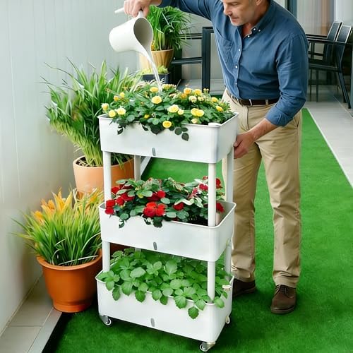 Self-Watering Raised Planter Box with Lockable Wheels,3-Tier Elevated Garden Bed with Visible Water Level Window,Indoor Outdoor Plastic Plant Box for Flowers,Vegetables & Herbs - Image 7