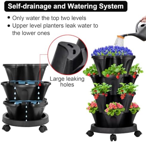 GameXcel Vertical Planter Tower - 4 Tier Stackable Garden Planters with Wheels and Tools Plant Pots for Strawberry Herb Flower and Vegetable Indoor Outdoor Use Black - Image 3