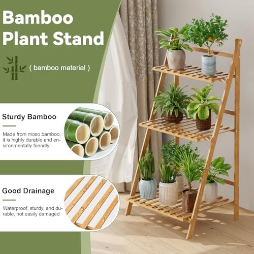 3-Tier Bamboo Ladder Shelf, Foldable Flower Display Stand, Indoor Outdoor Plant Stand, Plant Shelf with Easy Assembly for Garden, Balcony, Yard, Living Room - Image 2