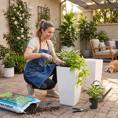 Tall Square Planters 2Pack, Plastic Pots Indoor Outdoor, White - Image 5