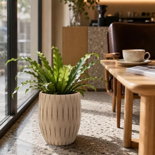 12" H x 9" Dia Beige Fiberstone Planter Pot with Drainage Hole, Decorative Flower Pot for Houseplants, Succulents & Small Trees, Indoor Outdoor Home Décor, Patio, Porch & Garden, Handmade Finish - Image 6