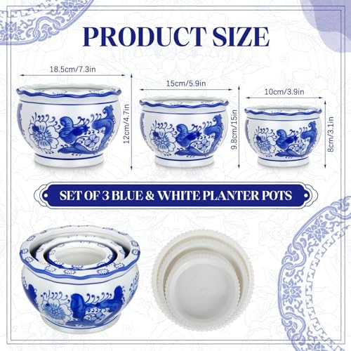 Briwooody Set of 3 Chinoiserie Planters Blue White Ceramic, Elegant Style - Image 2