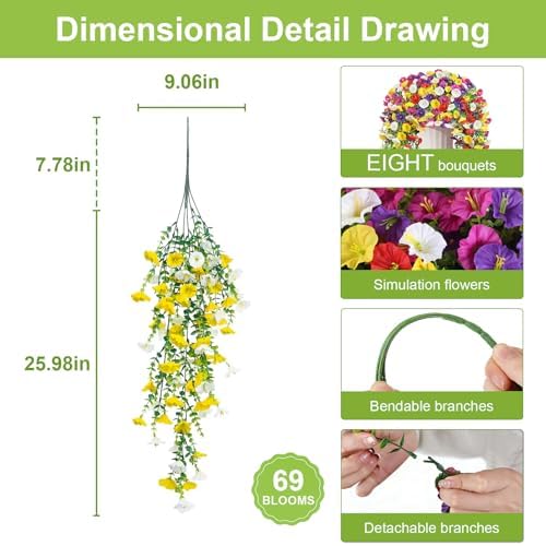 Artificial Hanging Flowers for Outdoors, 8 PCS 552 Blooms Ultra Full Morning Glory Vines, UV Resistant Faux Silk Hanging Plants for Porch Window Box Patio Garden Decor, Mixed - Image 3