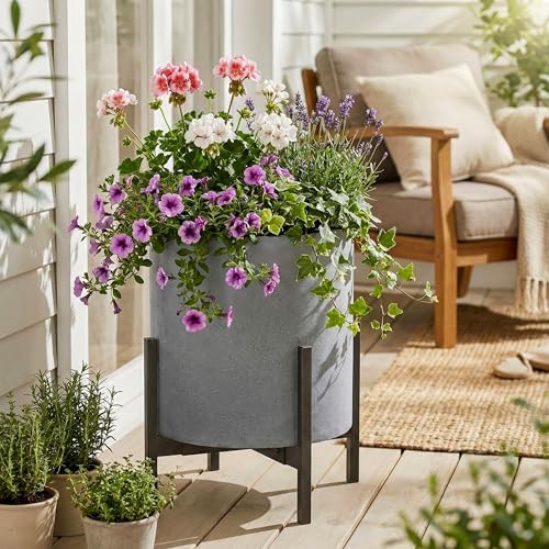 FaithLand 14 Inch Fiberstone Planter - Lightweight Modern Cylinder Plant Pot with Drainage Hole & Plug, Authentic Concrete Look, Gray - Image 5