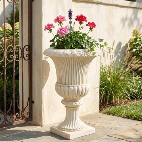 Christopher Knight Home Kyra 24.02" H Classical Urn Planter, MGO Round Outdoor Flower Pot, Weather-Resistant Outdoor Planter for Backyard Hallway, Fluted Relief Pedestal Planter Pot, Antique White - Image 3
