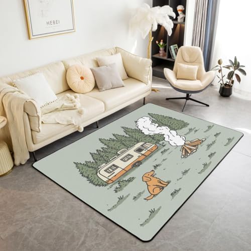 Erosebridal Rv Area Rug 6'6" x 4'11" Camp Living Room Rugs Bonfire Cartoon Cute Dog Pine Tree Decorative Carpet Grassland Camping Animal Indoor Floor Mat by Erosebridal