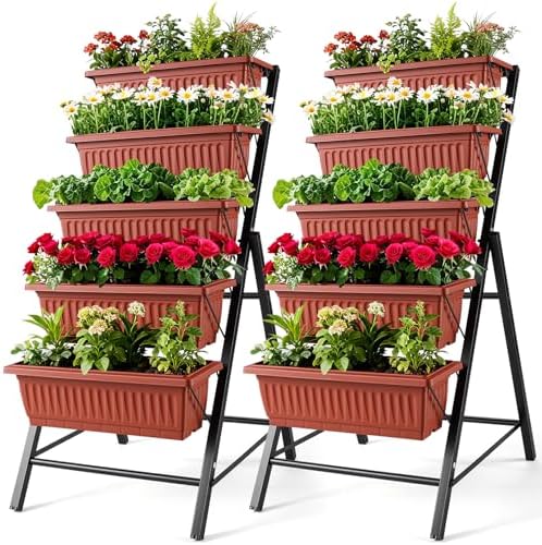 SEJOV 2 Pack Vertical Garden Bed, 5 Tiers Elevated Planter Box, Dark Red by SEJOV