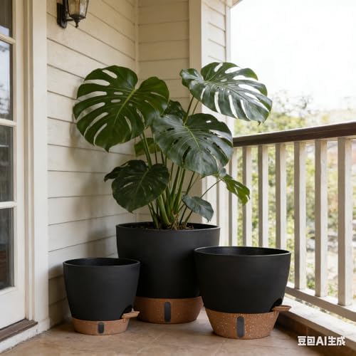 HEJIYUE Large Plant Pot, Self Watering Pots for Indoor Plants, 8/10/12 Inch Plastic Planters with Water Level Indicator, Drainage Holes & Deep Reservoir, Modern Decorative Flower Pot (Black) - Image 5