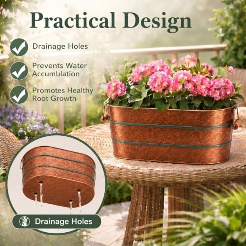 Zonon 3 Pcs Oval Galvanized Flowers Planter Tub with Handles, 17/12/10 in - Image 2