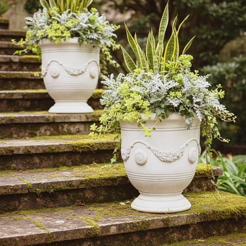 Urn Planter, 16.5 Inch Large White Garden Plant Pots - Image 3