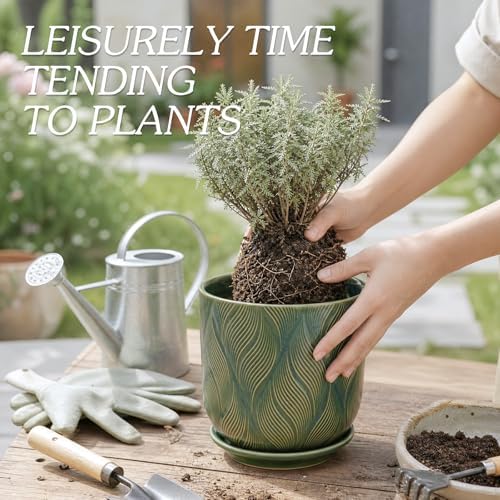 Ceramic Glaze Plant Pot Set 7.2+5.8 Inch Planter with Drainage Hole,Mesh Net,Saucer,for Indoor Outdoor (Leaf-Green) - Image 5