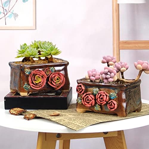 5.5 Inch Succulent Pot Handmade Flower Design Rectangular Ceramic Plant Pot Antique Cactus Pot Planter with Drainge Set of 2 (Yellow Pink Rose and Small Rose) - Image 3